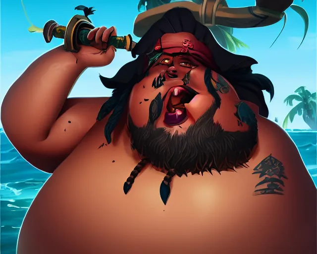 Image similar to sea of thieves character portrait concept art for an obese chubby huge tribal native man with polynesian tattoos on his face and a nose ring, cgsociety, trending on artstation, rare ltd,