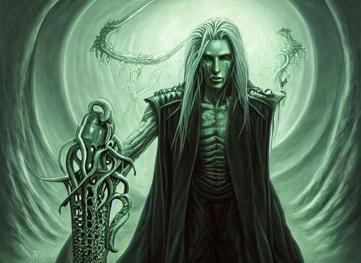 Image similar to lovecraft biopunk portrait of sephiroth from final fantasy vii, fractal background, anthropomorphic cthulhu behind him, by tomasz alen kopera and peter mohrbacher
