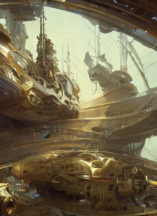 Prompt: epic concept illustration, highly detailed, intricate mechanical design, hard science concept art, star fleet nautilus ship being prepared for launch, by greg rutkowski and alphonse mucha. uhd, cinematic lighting, amazing depth