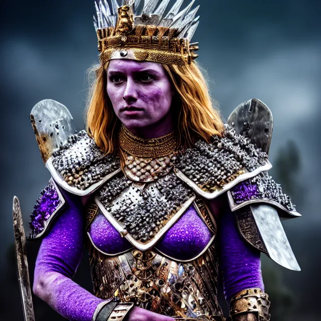 Image similar to full body photo of a beautiful warrior queen wearing amethyst encrusted armour, highly detailed, 4 k, hdr, smooth, sharp focus, high resolution, award - winning photo