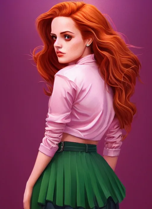 Image similar to full body portrait of teenage cheryl blossom, bangs, green eyes, sultry expression, red hair, sultry smirk, bangs and wavy hair, pink skirt, bangs, intricate, elegant, glowing lights, highly detailed, digital painting, artstation, concept art, smooth, sharp focus, illustration, art by wlop, mars ravelo and greg rutkowski