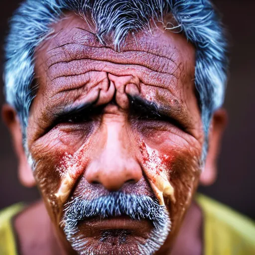 Prompt: A worried Mexican man in his late 40s, with brown skin, dark hair, brown eyes, few wrinkles, skin pores, face is covered with volcanic dust. Black dusty background. Documentary photo. Beautiful photo. Sigma 40mm f/1.4 DG HSM