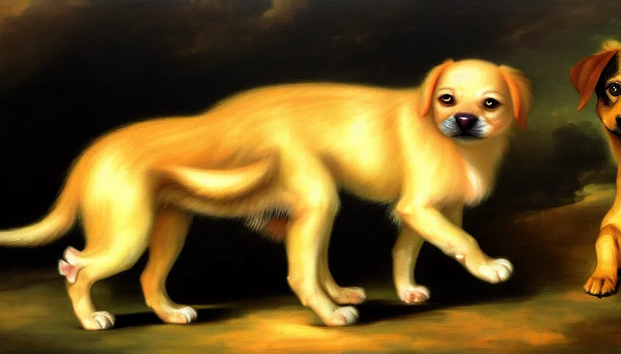 Image similar to a tropical dog dog kitten dog in the style of francisco goya, 4 k resolution, tropical background, tropical