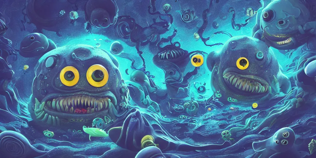 Image similar to of an intricate deep sea with strange cute friendly happy creatures with huge eyes, mouth, long tongue, round teeth and goofy face, appearing from the background, in the style of gehry and gaudi, macro lens, shallow depth of field, ultra detailed, digital painting, trending artstation, concept art, illustration, cinematic lighting, photorealism, epic, octane render