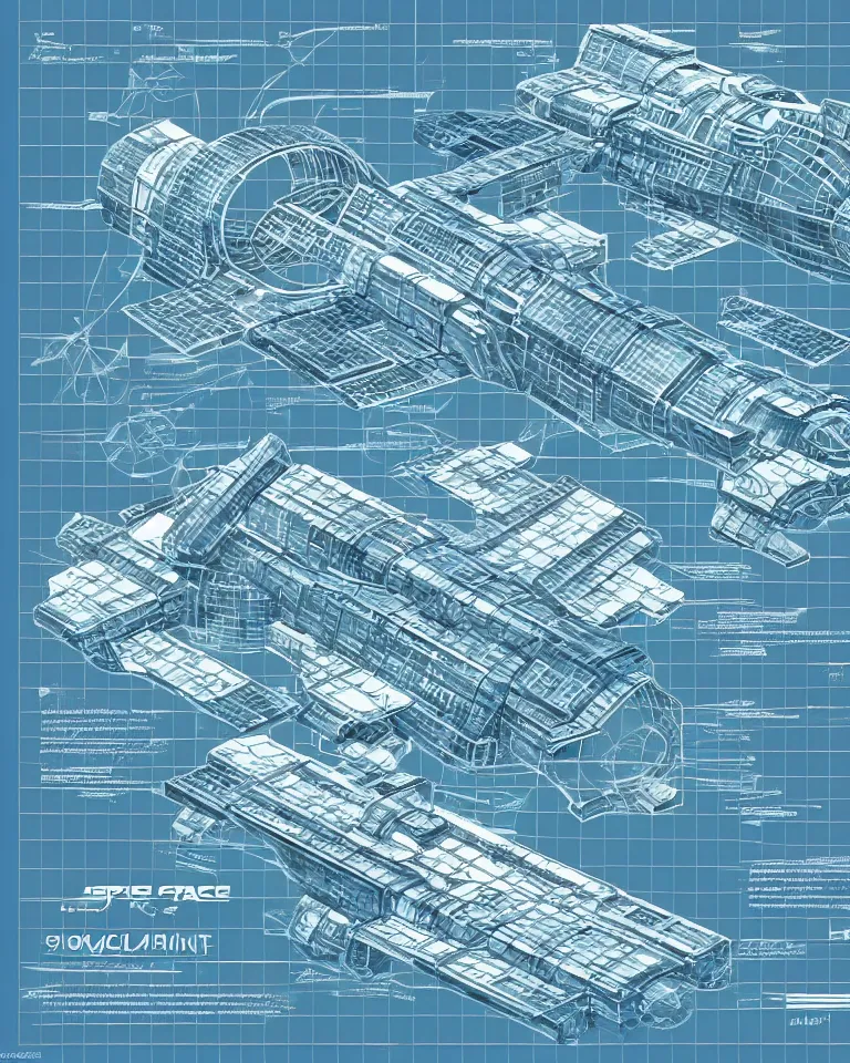 Prompt: futuristic space station, detailed blueprint and schematic with text and illustrated zoomed - in snippets, glorious intricate detailed superb, pristine clean design, center frame, desaturated, concept art, with highly detailed blueprints and text, marker concept art style rendering