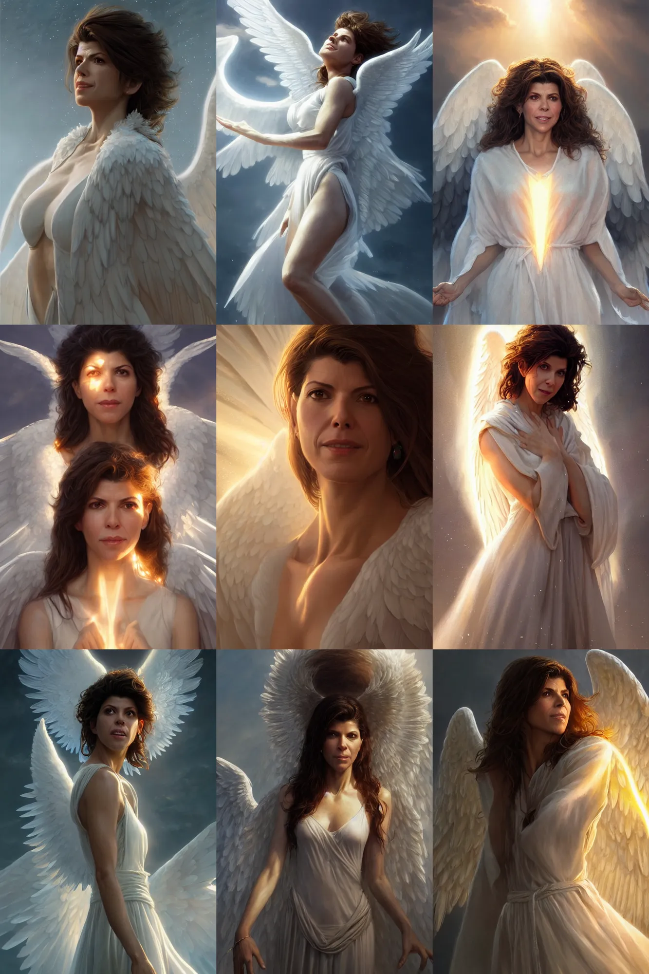 Prompt: marisa tomei as a heavenly angel, bathed in light, highly detailed, photorealistic, artstation, smooth, sharp focus, illustration, unreal engine 5, 8 k, art by artgerm and greg rutkowski and edgar maxence