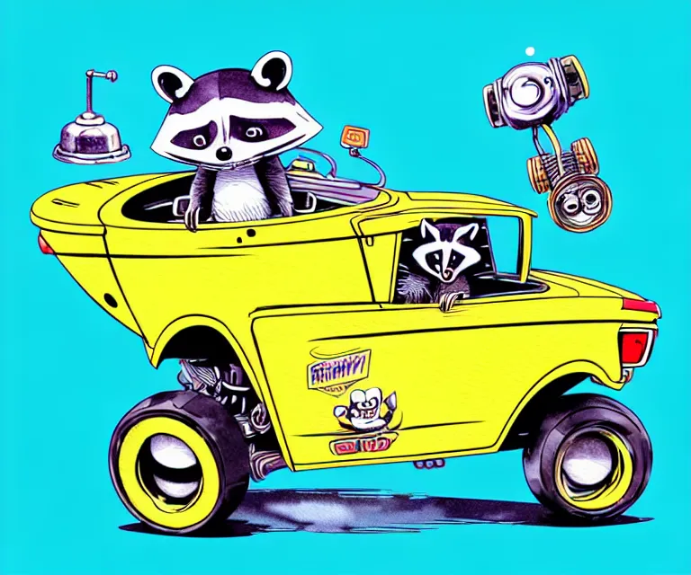 Prompt: cute and funny, racoon wearing a helmet riding in a tiny hot rod with oversized engine, ratfink style by ed roth, centered award winning watercolor pen illustration, isometric illustration by chihiro iwasaki, edited by range murata, tiny details by artgerm and watercolor girl, symmetrically isometrically centered, sharply focused