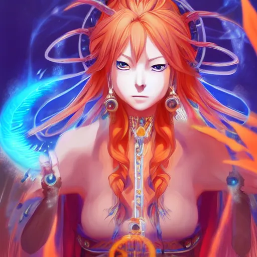 Image similar to anime portrait of Nami as a shaman yedi using dark force to eliminate trump as an anime antagonist by Stanley Artgerm Lau, WLOP, Rossdraws, James Jean, Andrei Riabovitchev, Marc Simonetti, and Sakimichan, trending on artstation