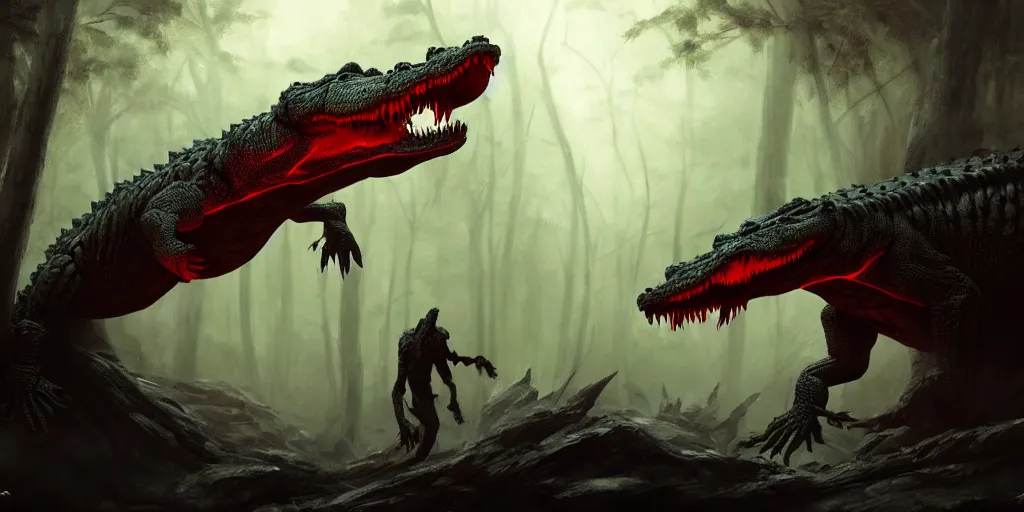 nightmare of humanoid mutated crocodiles, red glowing | Stable ...