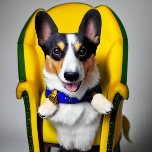 Prompt: a corgi looking at the camera, sitting on a yellow platform, wearing an elegant gucci leather vest, studio lighting, yellow background, 4K HD photography, 85mm