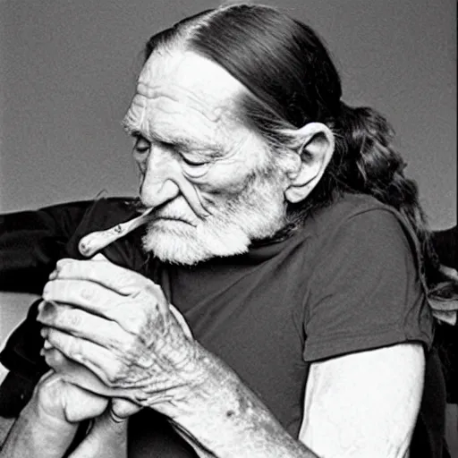 Image similar to willie nelson having a smoke in his trailer.