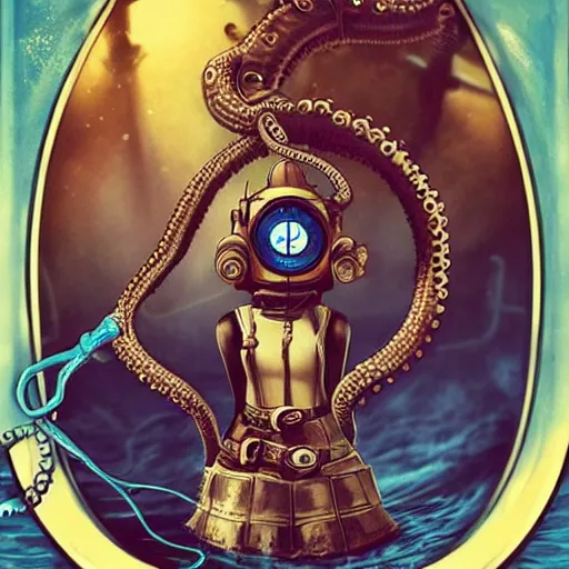 Image similar to lofi underwater bioshock steampunk selfie, octopus, Pixar style, by Tristan Eaton Stanley Artgerm and Tom Bagshaw.