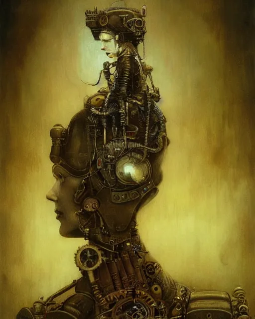 Prompt: steampunk portrait of an old cyborg queen victoria by beksinski