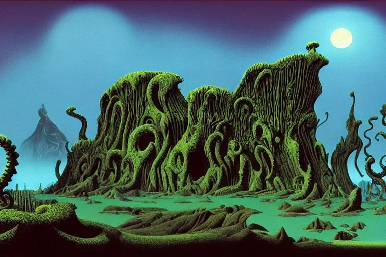 Prompt: lovecraftian landscape, another world by Roger Dean