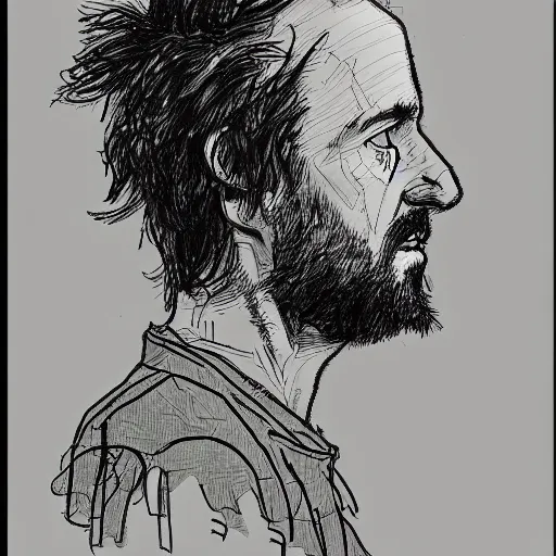 Prompt: a realistic yet scraggly portrait sketch of the side profile of a stern and sophisticated jesse pinkman, trending on artstation, intricate details, in the style of frank auerbach, in the style of sergio aragones, in the style of martin ansin, in the style of david aja, in the style of mattias adolfsson