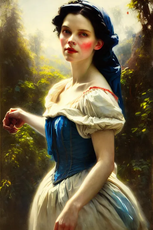 Prompt: photograph imax and solomon joseph solomon and richard schmid and jeremy lipking victorian loose genre loose painting full length portrait painting of snow white disney