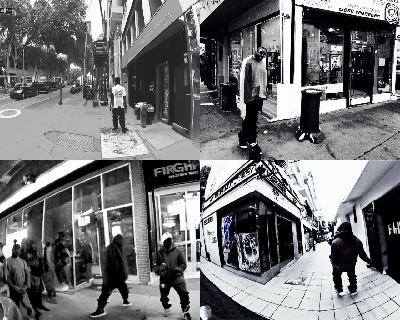 Prompt: camera footage of kanye west outside corner store with time code, high exposure, dark, monochrome, camera, grainy, CCTV, security camera footage, timestamp, zoomed in, fish-eye lense, fish-eye lense, fish-eye lense, fish-eye lense