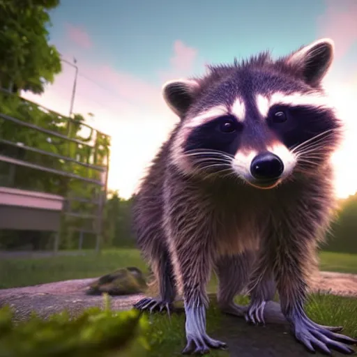 Image similar to a hyperrealistic 3 d octane render of a raccoon taking a photograph, photorealism, unreal engine, dramatic lighting, volumetric lighting, uplighting