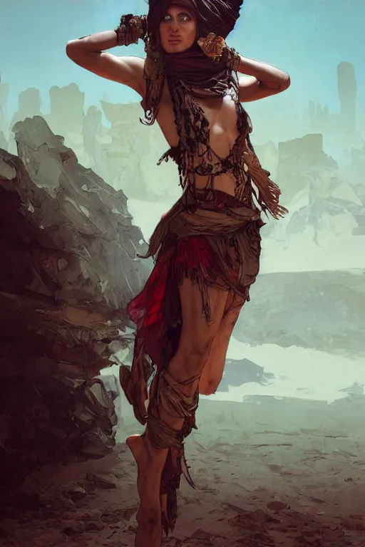 Image similar to a full body portrait of a beautiful post apocalyptic offworld desert bedouin thief savage rogue in beggars clothes in ballet pose by the emerald oasis pools, intricate, elegant, highly detailed, digital painting, artstation, concept art, smooth, sharp focus, illustration, art by krenz cushart and artem demura and alphonse mucha