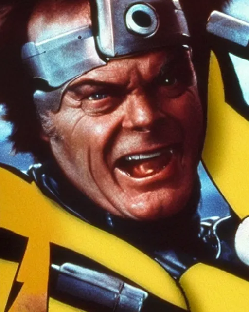 Prompt: Jack Nicholson plays Pikachu Terminator, scene where his inner exoskeleton is visible and his eye glows red, film poster