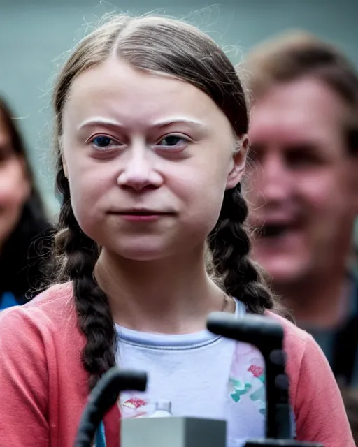 Image similar to film still close - up shot of greta thunberg giving a speech in a train station eating raw meat smiling its. photographic, photography