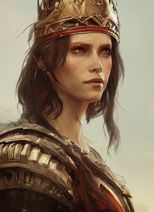 Prompt: A portrait of a beautiful warrior queen in the style of Greg Rutkowski, in style of Charles Sillem Lidderdale, artstation, high quality art