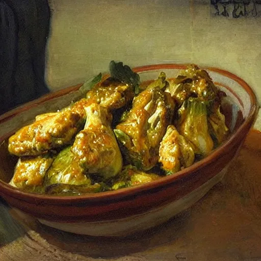 Image similar to a painting of chicken wings, rice and brussel sprouts by repin.