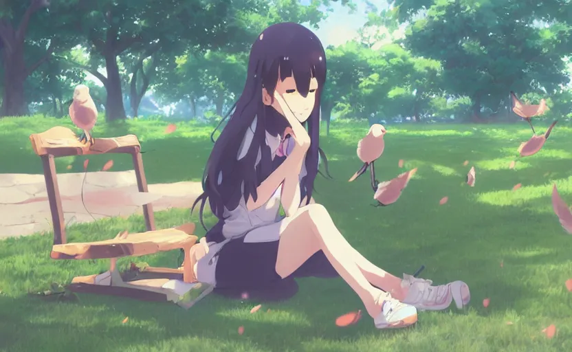 Prompt: An anime girl sitting in a park, feeding the birds, anime scenery by Makoto Shinkai, digital art