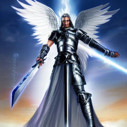 Prompt: An archangel man standing in a medieval battlefield points a white fantasy sword towards the sky with a beacon of light coming down to refract off of the swords tip into shattered beam fragments around his body, final fantasy 7 style