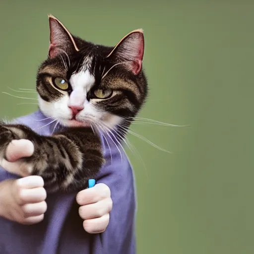 Prompt: Portrait of a crying cat giving a thumbs up, photo by annie leibovitz, 50mm f1.8