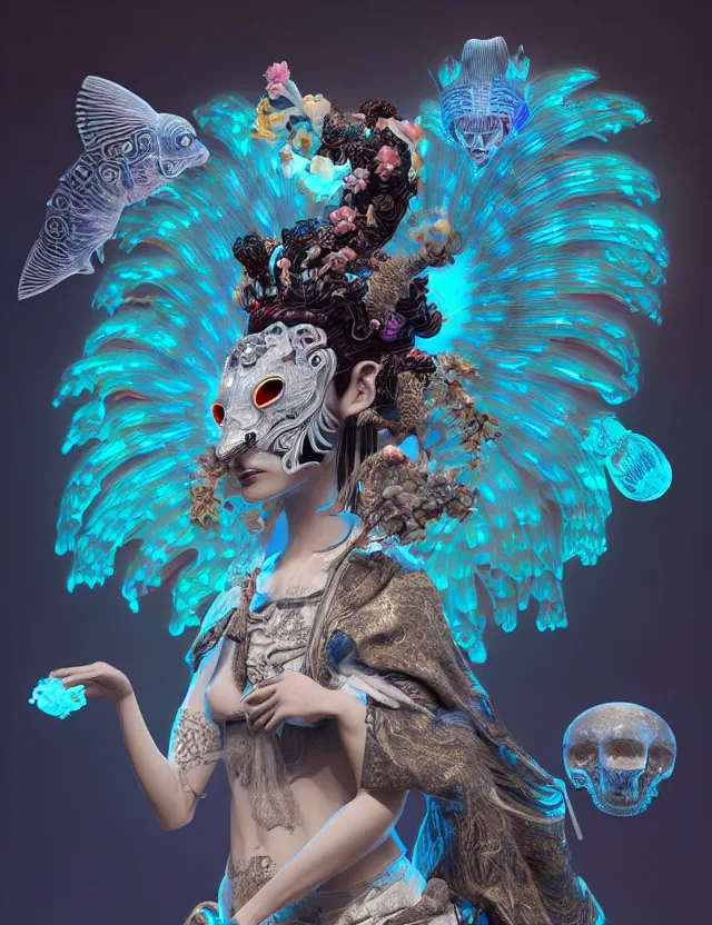 Image similar to 3 d goddess bottom - up with ram skull. beautiful intricately detailed japanese crow kitsune mask and clasical japanese kimono. betta fish, jellyfish phoenix, bio luminescent, plasma, ice, water, wind, creature, artwork by tooth wu and wlop and beeple and greg rutkowski