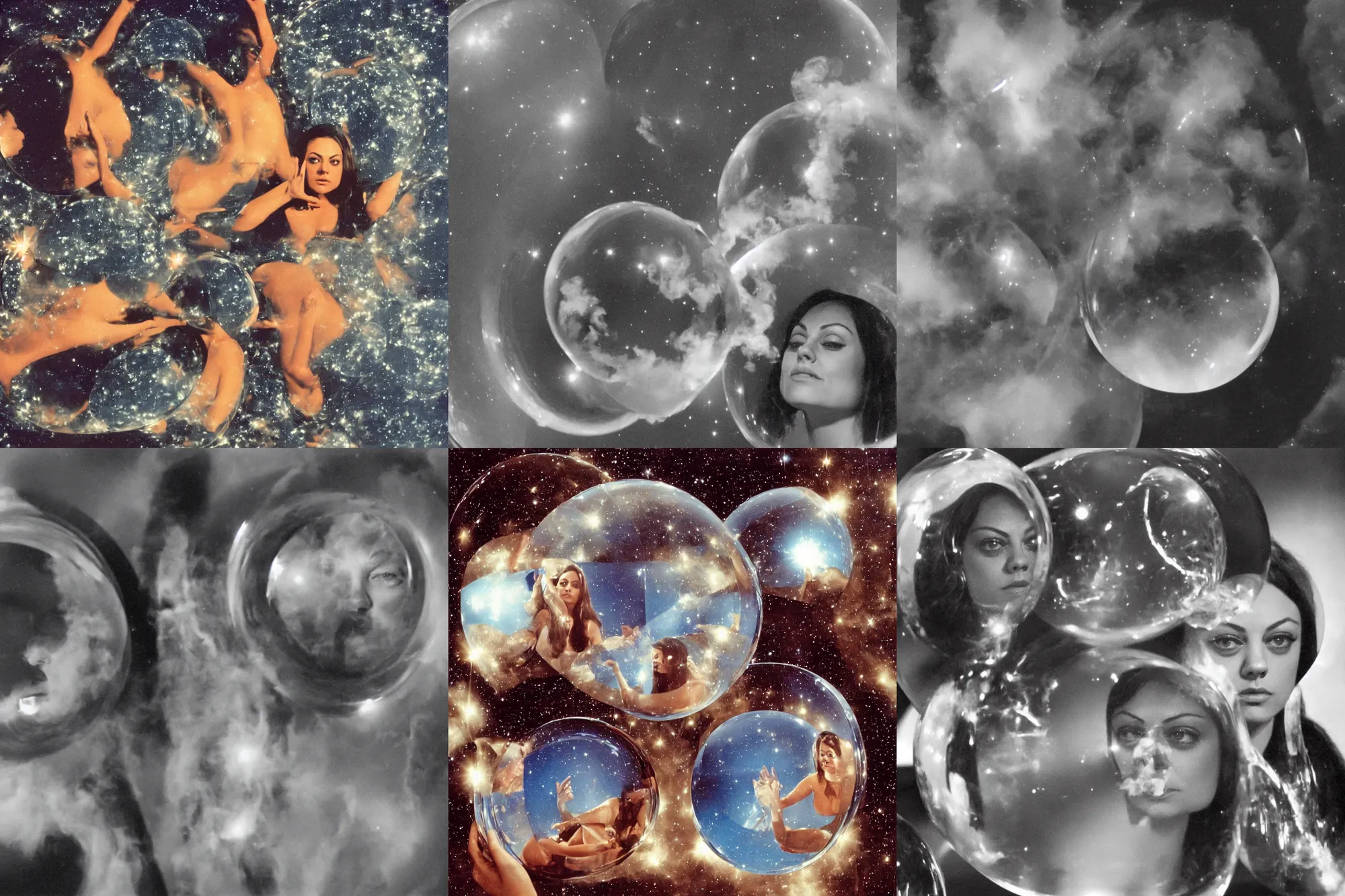Prompt: smirking 1970 Mila Kunis reflected in a reflective bubble, puffs of smoke, The Stars My Destination, Ludek Pesek, Rick Guidice, Chesley Bonestell, Lucien Rudaux, Rolf Klep, Fred Freeman, George Pal