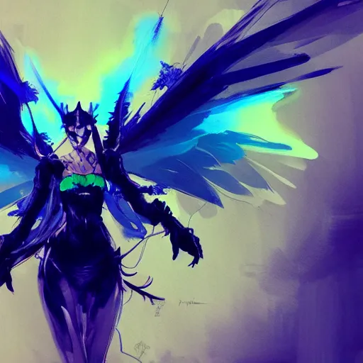 Prompt: concept art of winged wolf neon blue and black, highly detailed painting by dustin nguyen, akihiko yoshida, greg tocchini, 4 k, trending on artstation, 8 k