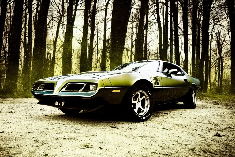 Image similar to pontiac firebird with angelic wings attached to sides of the roof, dramatic, cinematic, forest, volumetric lighting