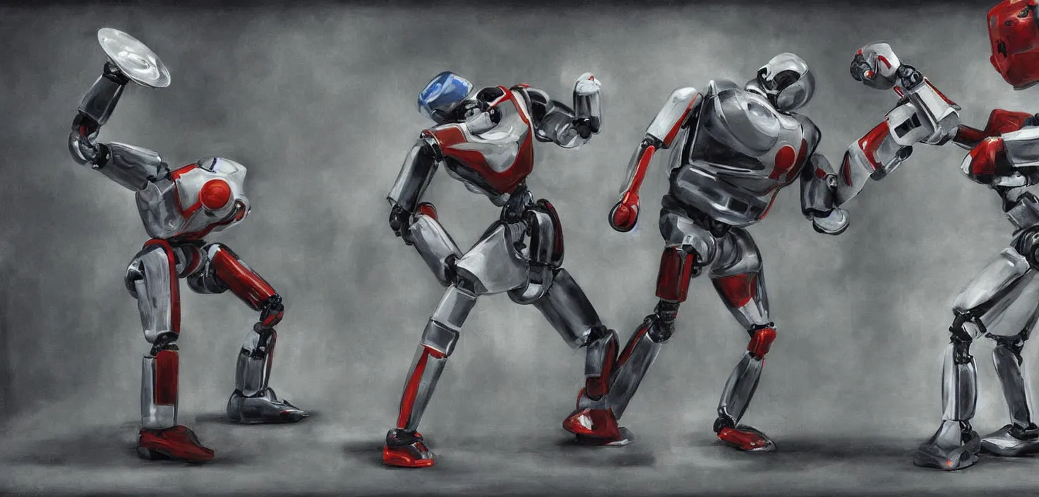 Prompt: two robots having a wrestling match, digital art Photorealistic painting