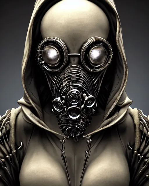 Image similar to front shot of a cyberpunk hooded dead biomechanical demon in gasmask mastermind character, intricate, elegant, highly detailed, centered, (((artstation, concept art, smooth, sharp focus, artgerm, Tomasz Alen Kopera, Peter Mohrbacher, donato giancola, Joseph Christian Leyendecker, WLOP, Boris Vallejo))), mugshot!!!!!, ugly!!!!!!, octane render, nvidia raytracing demo, grainy, muted
