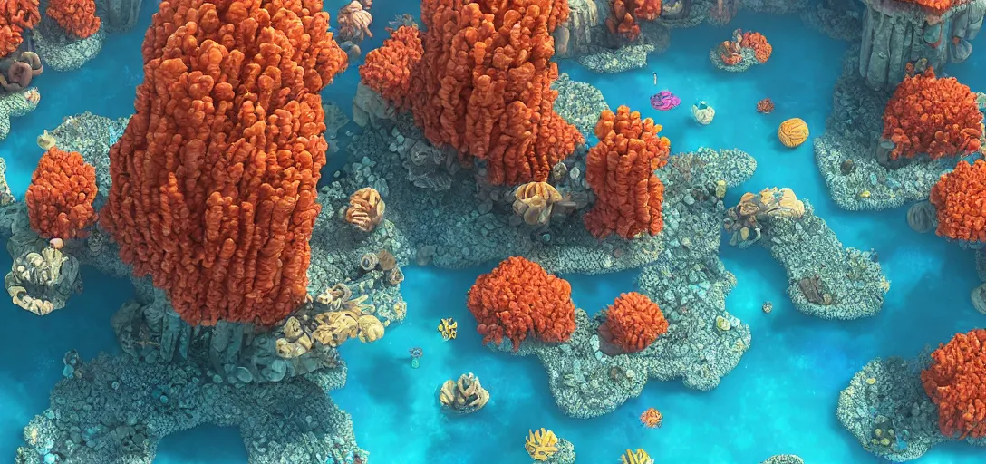 Image similar to futuristic cityscape underwater with colourful corals on flynn reef with starfish shaped buildings by oscar niemeyer, coral bridges by wlop, solarpunk, cyberpunk, biopunk, alien dna, golden ratio, rule of thirds, octane render sidefx isotropix nvidia omniverse materialx osl redshift arnold unreal engine, hyper detailed