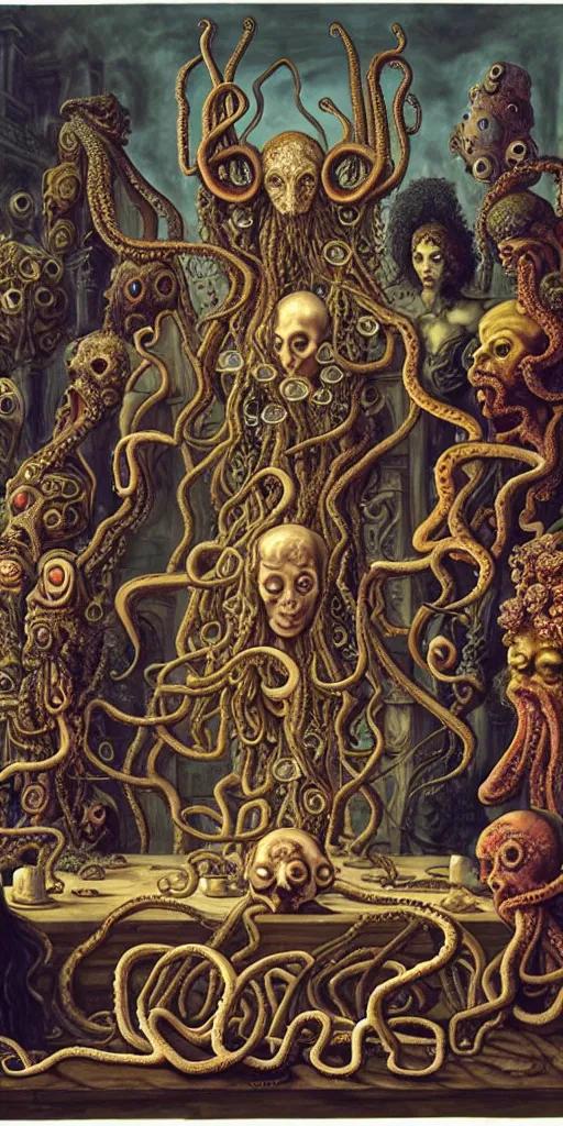 Prompt: group of mages with human bodies and octopus heads and group of mages with medusa heads sitting near the table and arguing in an ancient mage castle with enormous scale, gothic and baroque, brutalist architecture, ultradetailed, Intricate by James Jean and Josan Gonzalez and John Howe and Giuseppe Arcimboldo