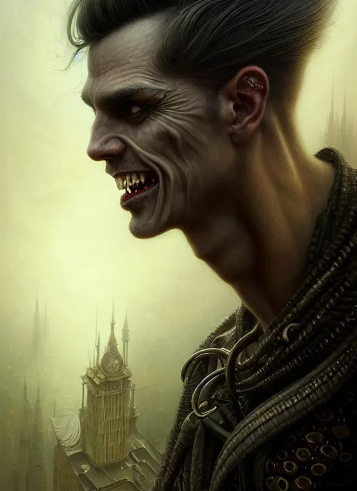 Image similar to closeup portrait shot of a male vampire in a scenic dystopian environment, intricate, elegant, highly detailed, centered, digital painting, artstation, concept art, smooth, sharp focus, illustration, artgerm, tomasz alen kopera, peter mohrbacher, donato giancola, joseph christian leyendecker, wlop, boris vallejo