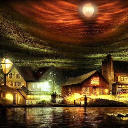 Image similar to a lamplit village on the coast of a lake, deep underground digital art