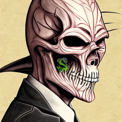 Image similar to portrait of skull mask saul goodman, anime fantasy illustration by tomoyuki yamasaki, kyoto studio, madhouse, ufotable, comixwave films, trending on artstation