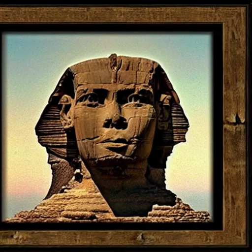 Image similar to an oil painting of the great sphinx of giza, with a human face a storm in the sky, sepia colors, impasto, wooden frame, 1 8 0 0's, sense of majestic epic wonder