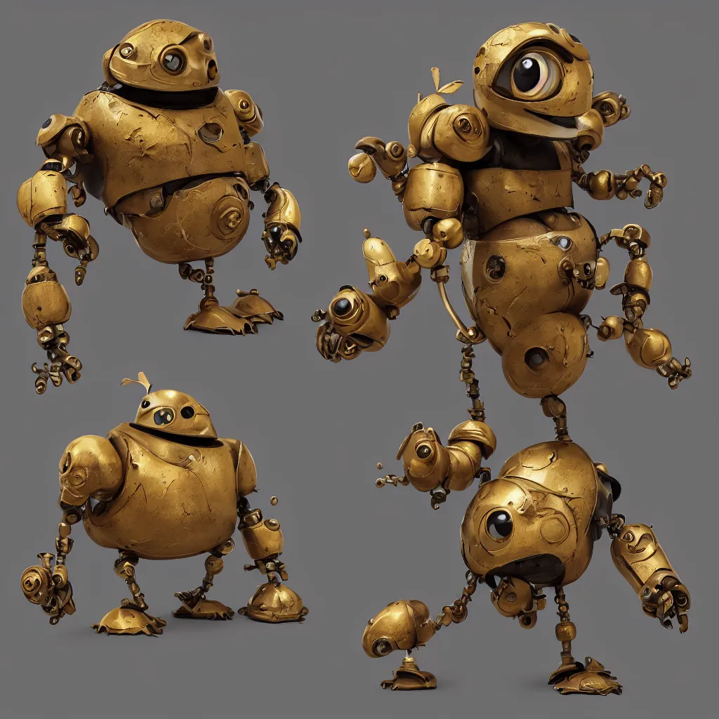 Image similar to , a small chubby bot, smooth panelling, one large gold eye intricate detail, style of pokemon, with damaged rusty arms, broken antenna, recycled, floating, white studio, oil, mechanical, toy, ambient light, in the style of pixar animation, pokedstudios, blender, octane render, 8 k, gediminas pranckevicius