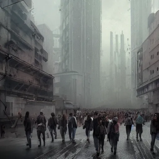 Image similar to hordes of drone-like people aimlessly walking around a depressing dystopian cityscape , trending on artststion, hyper realistic, surreal, melancholic, 8k, upscaled