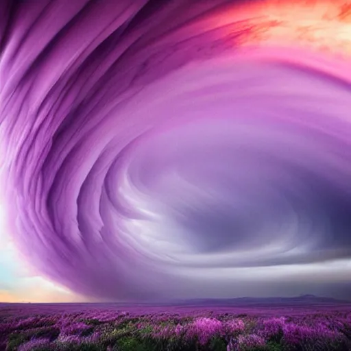 Prompt: amazing photo of purple clouds in the shape of a tornado by marc adamus, digital art, beautiful dramatic lighting