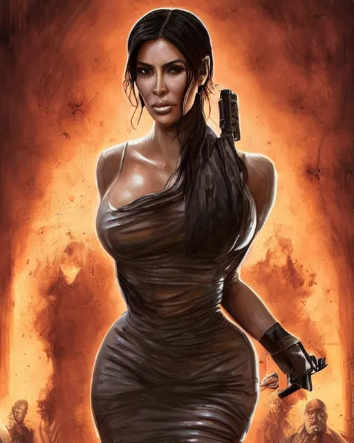 Image similar to A film still of kim kardashian being tackled by zombies in resident evil, highly detailed, digital painting, artstation, concept art, sharp focus, illustration, cinematic lighting, art by artgerm and greg rutkowski and alphonse mucha diffuse lighting, fantasy, intricate, elegant, highly detailed, lifelike, photorealistic, digital painting, artstation, illustration, concept art, smooth, sharp focus, art by John Collier and Albert Aublet and Krenz Cushart and Artem Demura and Alphonse Mucha