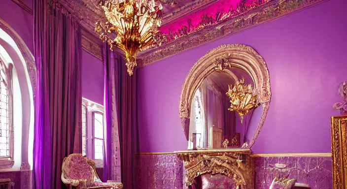 Image similar to 35mm photo of a Spanish Study, glimmering interior design, lilac colors, infrared-interior-lighting, divine-view, glimmering-design, artificial, style of Victorian, 4k, professional photography, wide-perspective, grand-composition, concept-art, highly-detailed, sublime, dramatic, cinematic