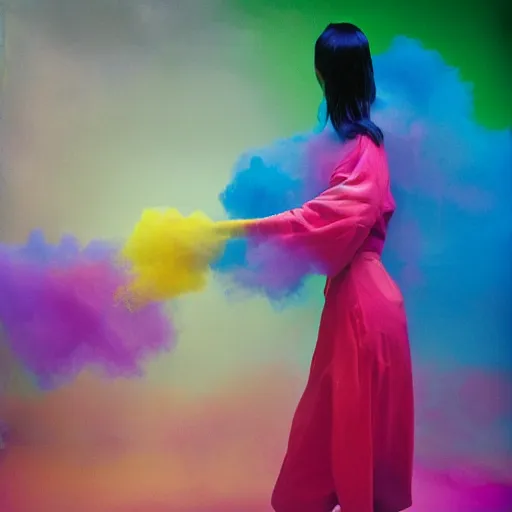 Image similar to a human exploding with color, studio medium format photograph