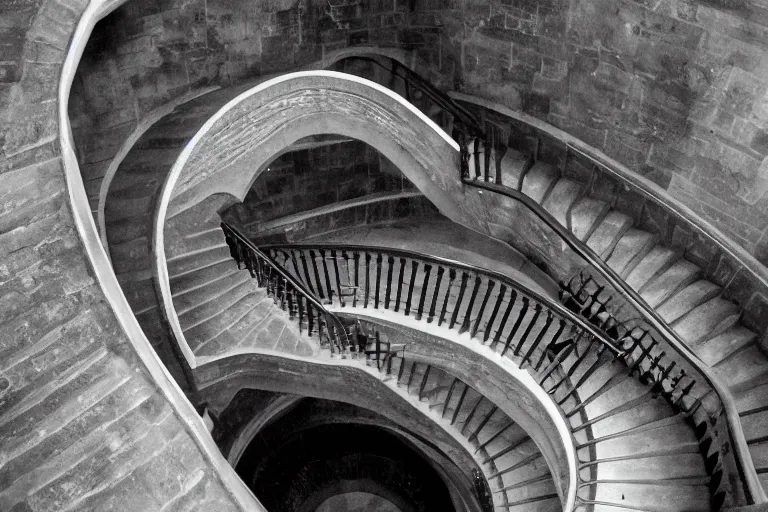 Prompt: Hogwarts stairwell, looking down from above,black and white.