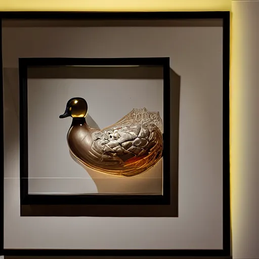 Prompt: a glass sculpture of duck with a painting in background, studio lighting